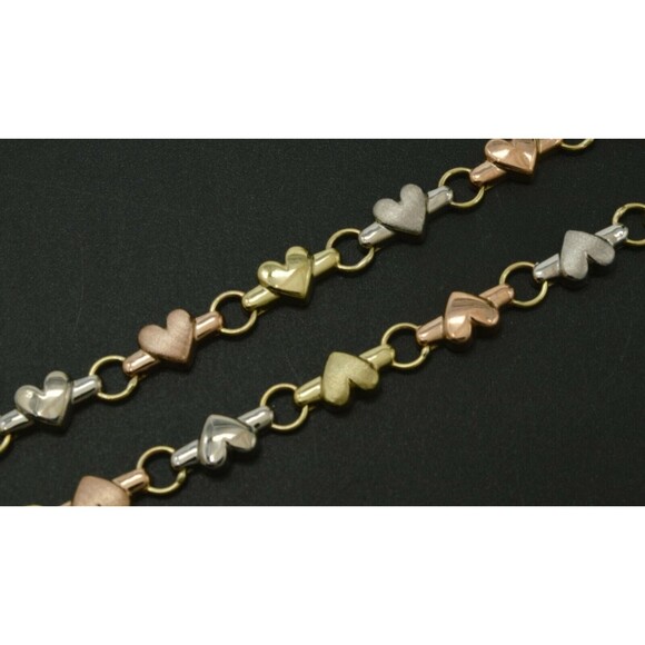 Real 10K Gold Tri Color 5.3mm Puffed Heart Link Ankle Bracelet 9-10 - Picture 6 of 7